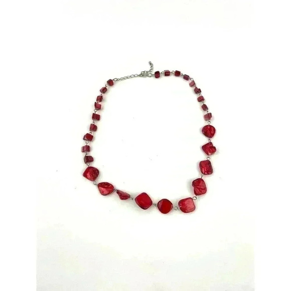 Red Natural Shell Chunky Beaded Necklace 20" Jewelry Silver Metal Tone - Picture 9 of 12